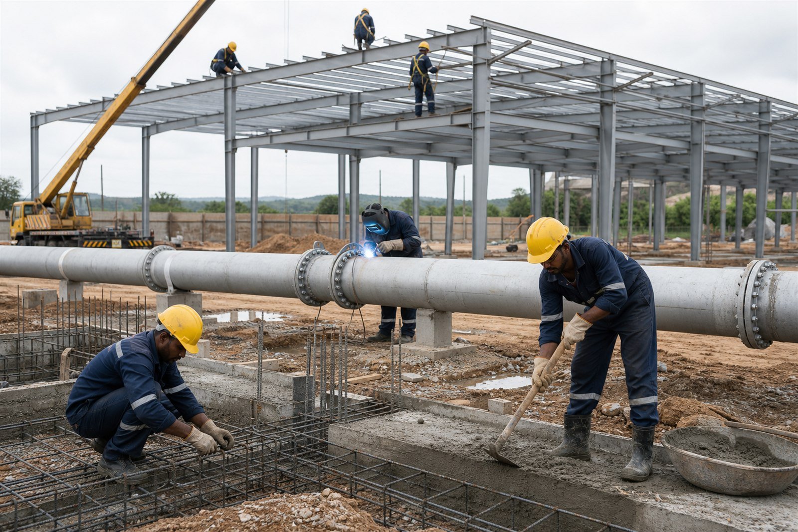 Industrial workers coordinating civil, mechanical and pipeline work at a project site